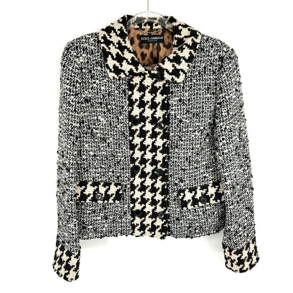 Dolce & Gabbana Houndstooth Print Jacket Blazer
Size 10 Boucle Wool Leopard - Picture 1 of 9